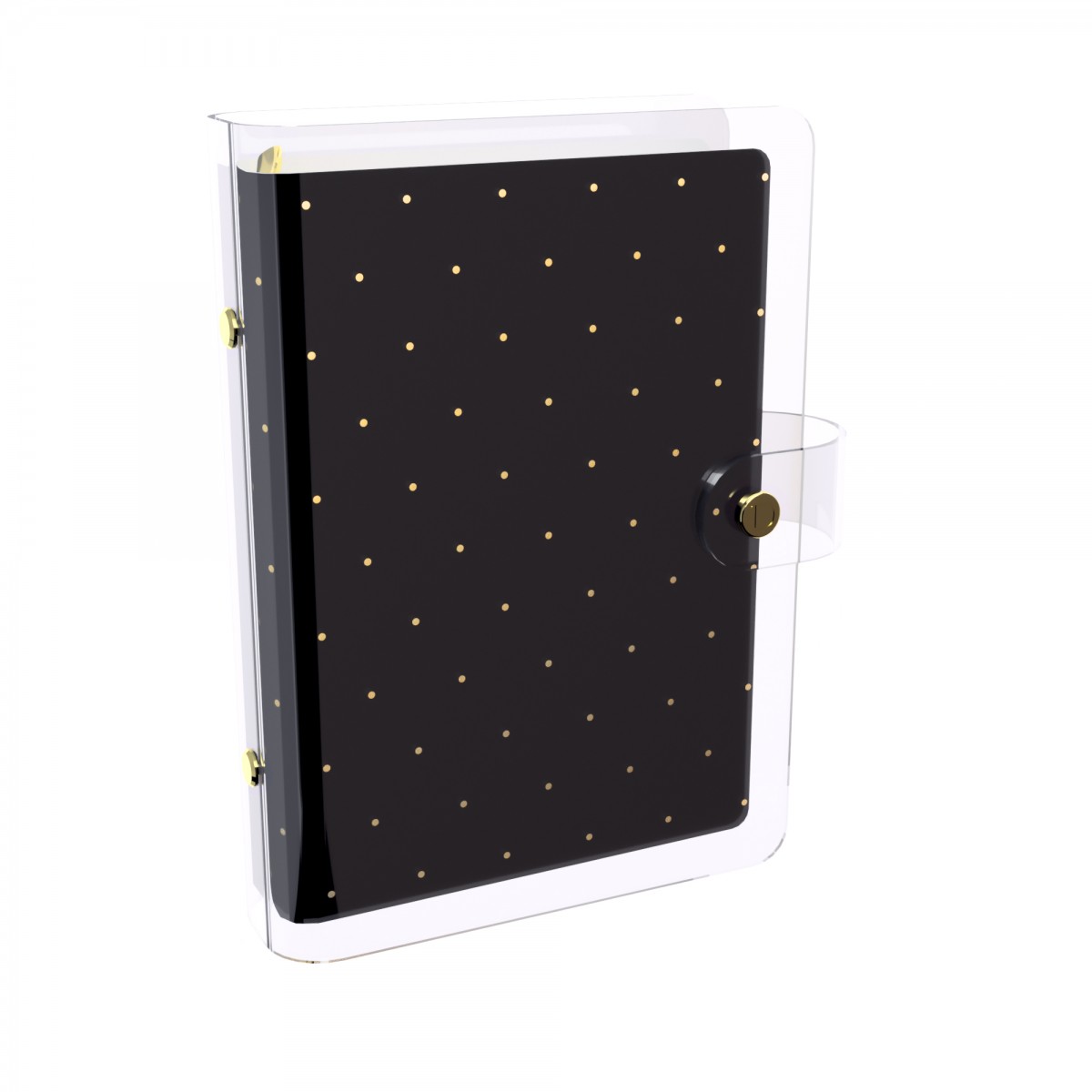 DISCAGENDA CLARITY CLEAR PVC PLANNER COVER - BLACK WITH GOLD POLKA DOTS, RINGBOUND, PERSONAL SIZE